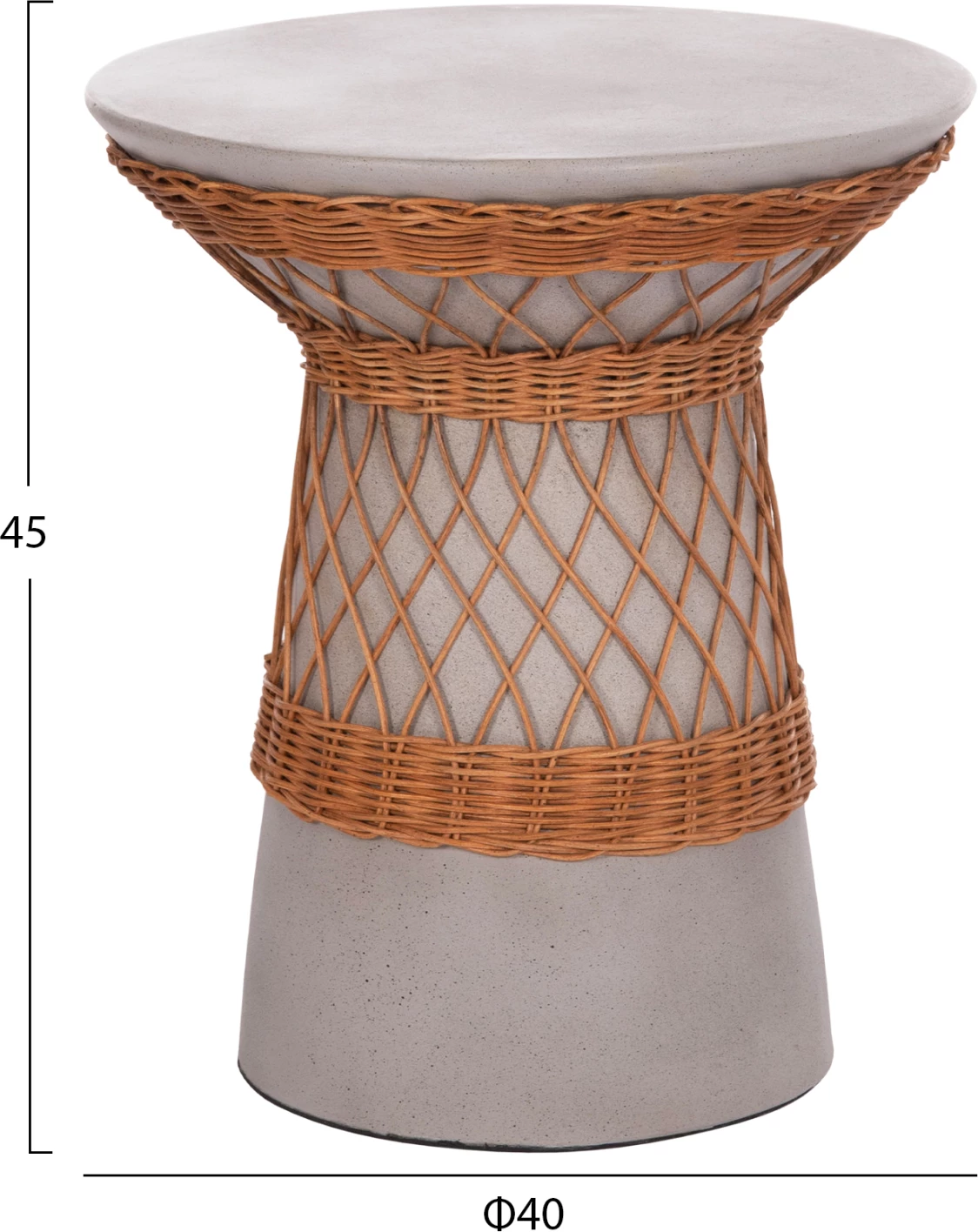 Tavolinë anësore e rrumbullakët, fibër çimento, ratan natyral, gri, FH18167.03, 40x45cm