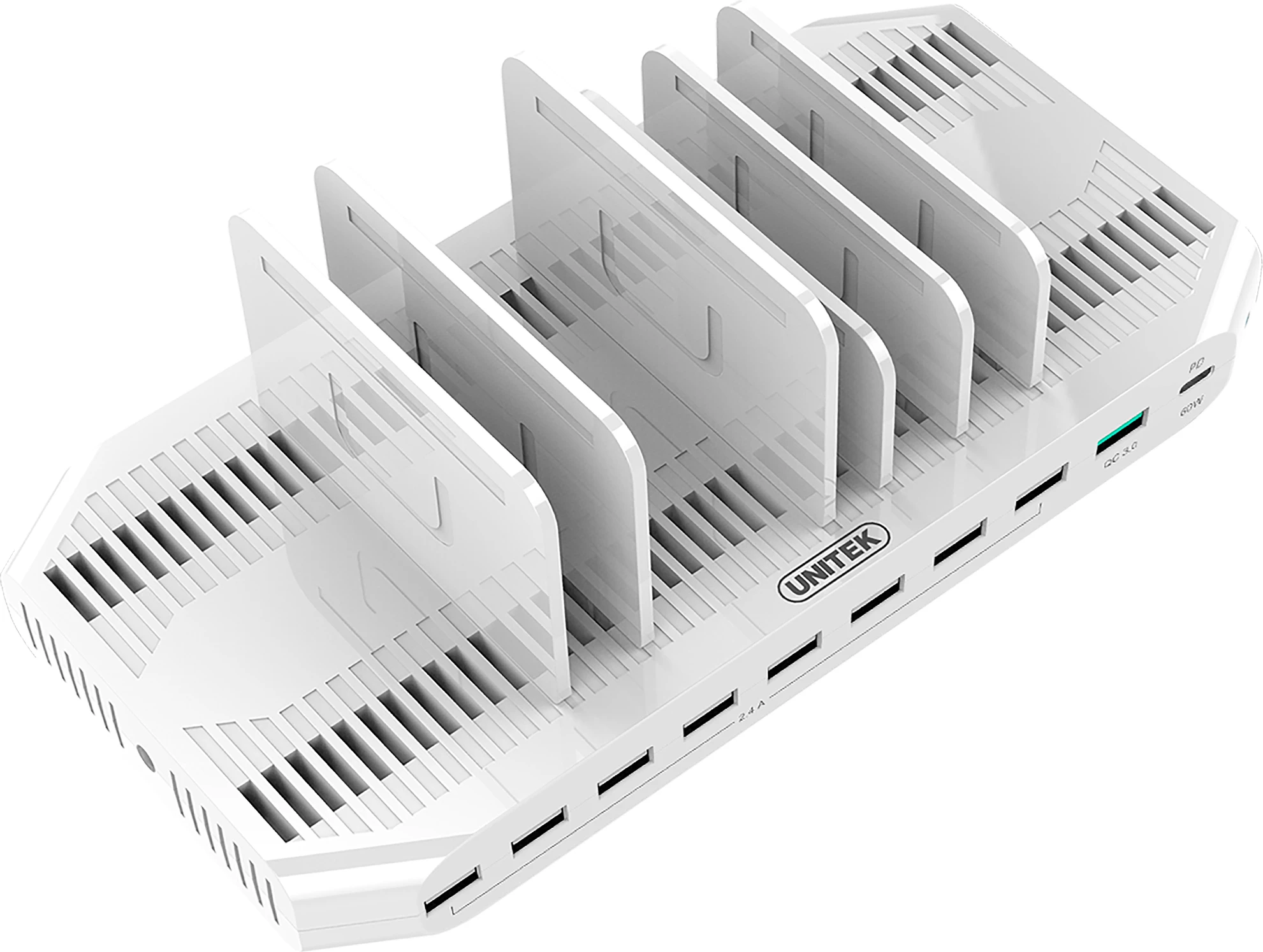 Stacion karikimi USB Unitek Y-2190, 10x USB-A 2.4A, 160W, QC 3.0, i bardhë