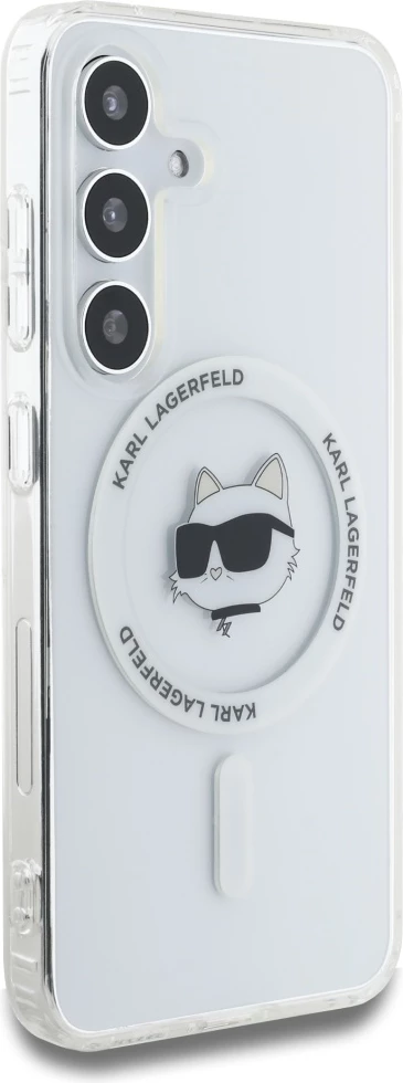 Mbështjellës Karl Lagerfeld Button Choupette Head Printed Logo MagSafe për Samsung Galaxy S25, Bardhë