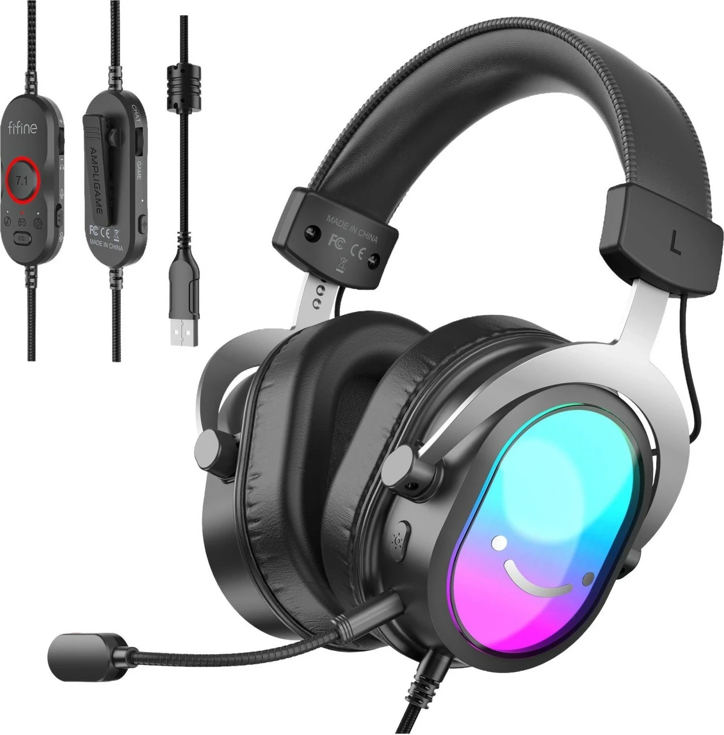 Kufje Fifine H16, 7.1 Surround, me mikrofon, RGB, me kabllo, 3.5mm, të zeza