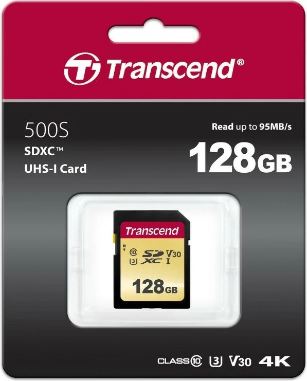 Kartelë SDXC Transcend 500S 128GB, Class 10, UHS-I, V30, e zezë
