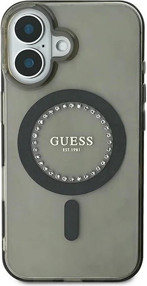 Mbështjellës Guess MagSafe për iPhone 16 Plus, i zi, me rhinestones