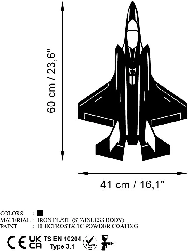 Aksesor dekorativ metalik për mur, Wallity, F-35A, ngjyrë e zezë, 60x41cm