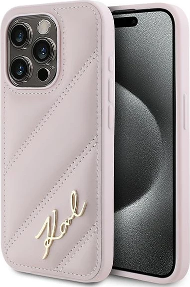 Mbështjellës Karl Lagerfeld Diagonal Quilted Script për iPhone 15 Pro, Rozë