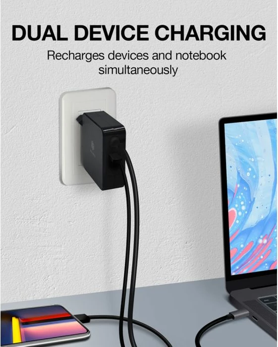 Karikues USB-C PD ICYBOX IB-PS101-PD 90W me portë USB-A, kabllo e integrume 1.8m, e zezë