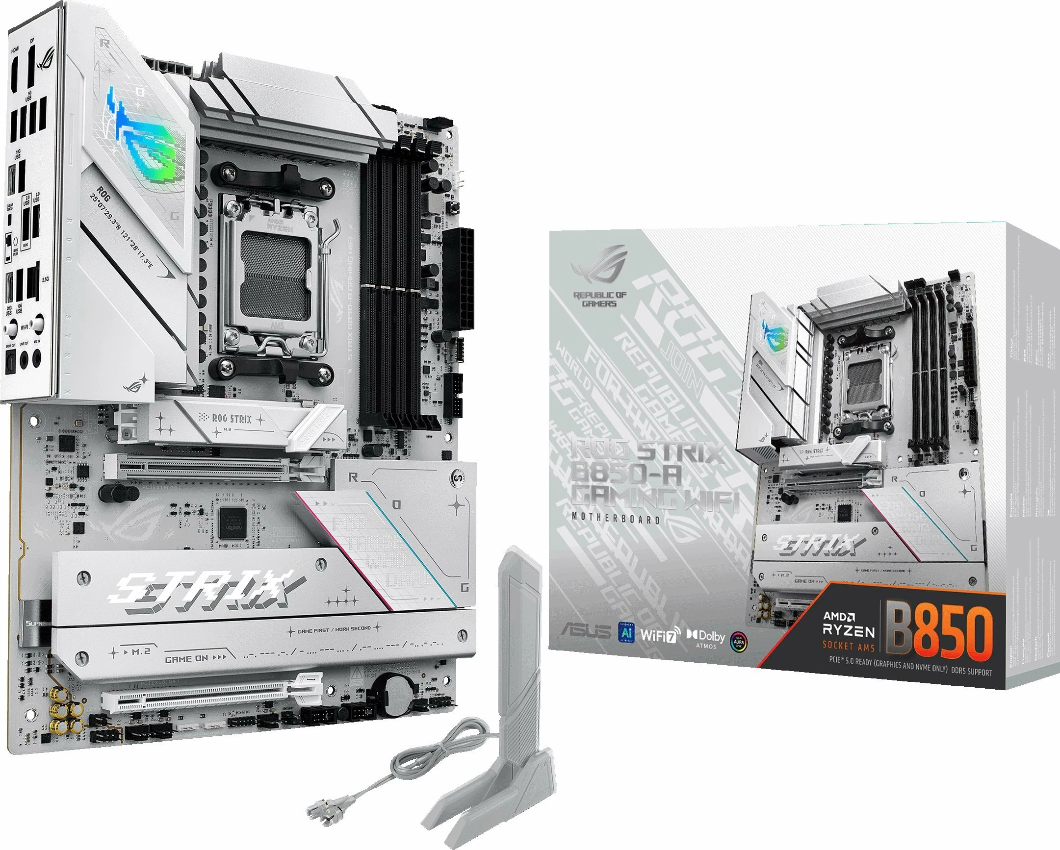 Pllakë amë Asus ROG STRIX B850-A GAMING WIFI, AM5, ATX, DDR5, Wi‑Fi 7, 2.5GbE, e bardhë, me antenë Wi‑Fi