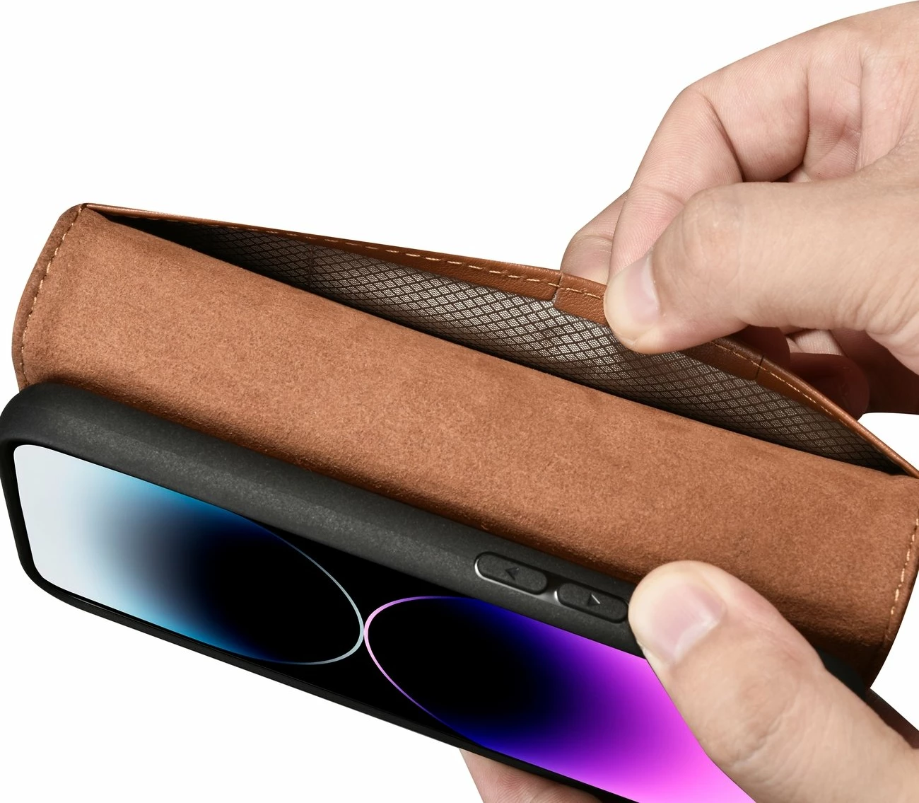 Mbështjellës iCarer Wallet Case 2in1 për iPhone 14 Pro Max, lëkurë natyrale, Anti-RFID, Kafe