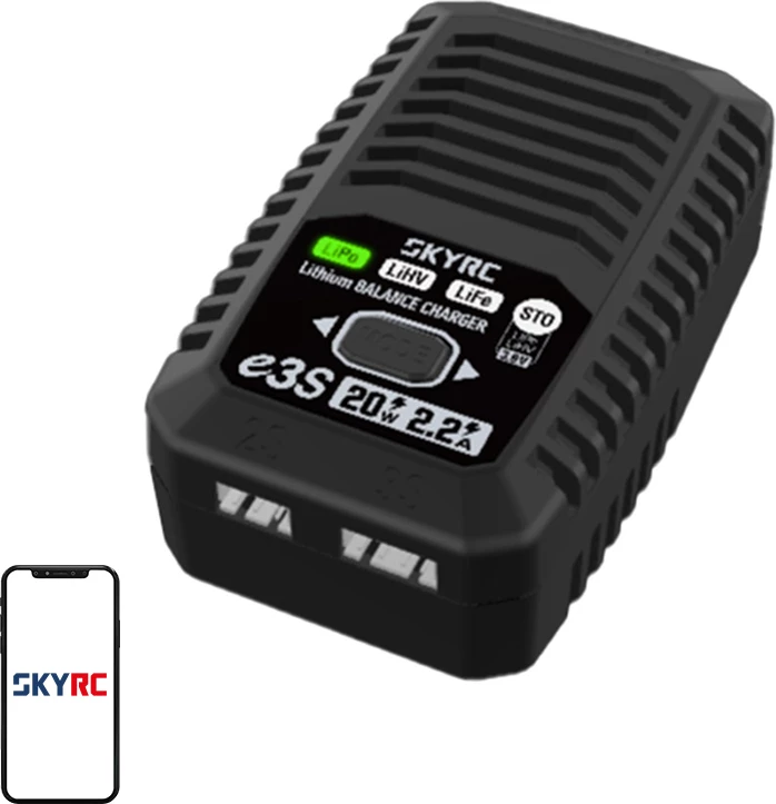 Karikues baterish SkyRC e3S SK-100219-01 2S/3S 20W për LiPo/LiHV/LiFe me balancer, i zi