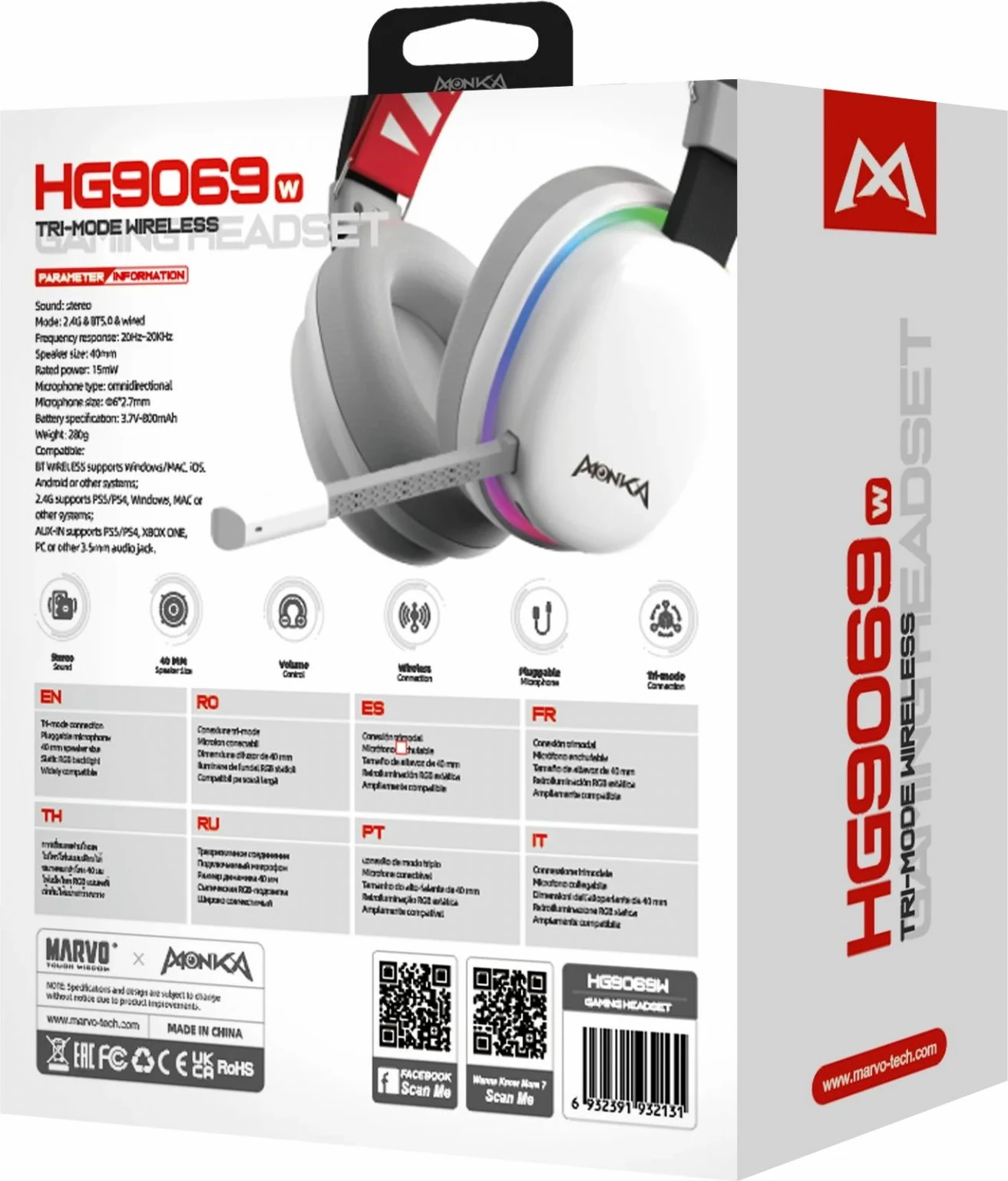 Kufje gaming wireless Marvo Monka Echo HG9069W, Bluetooth 5.2, RGB, mikrofon i ndashëm, të bardha