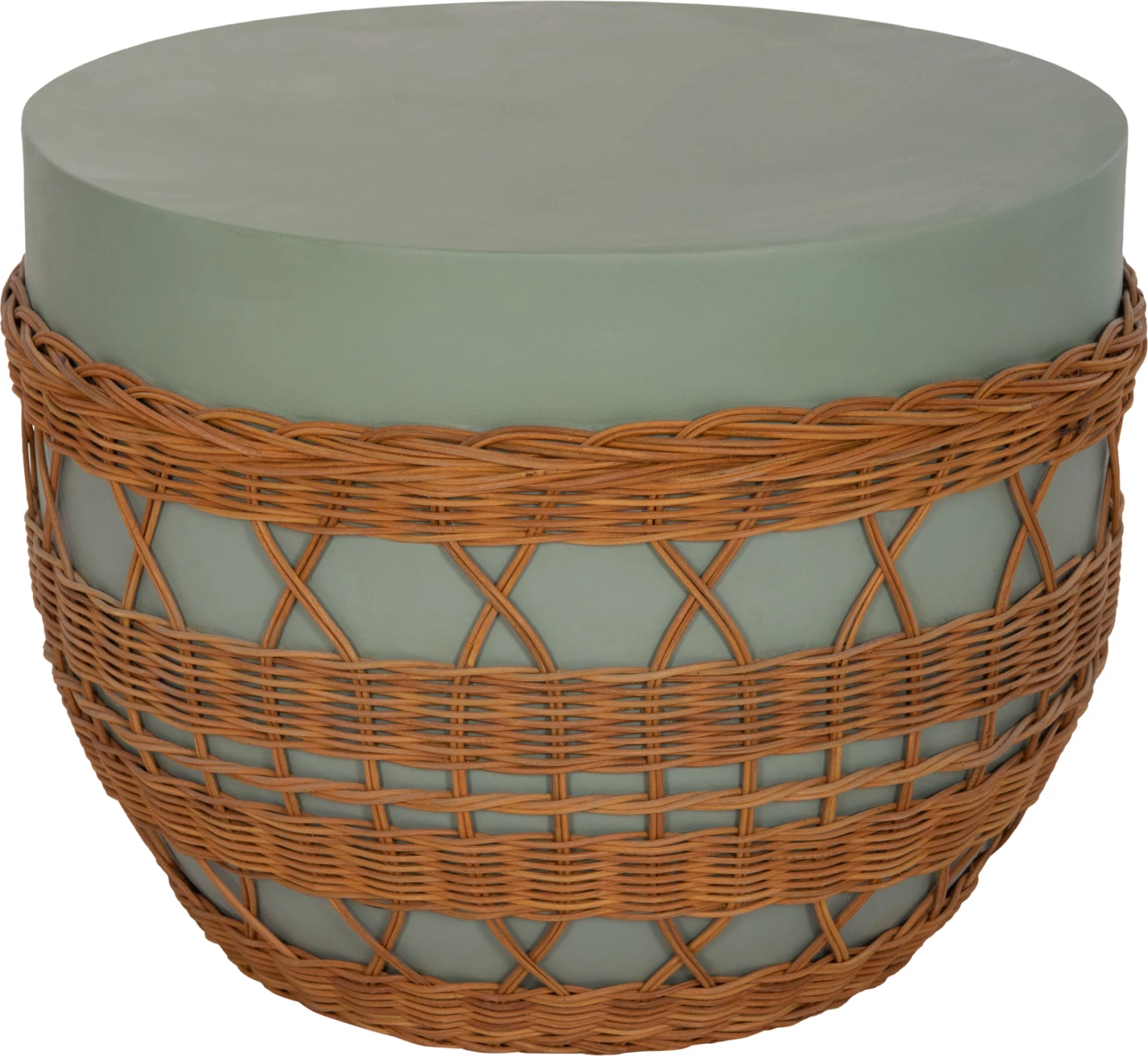 Tavolinë kafeje rrethore VILHENA, fibër-cement, ngjyrë e gjelbër, ratan natyral, FH18165, 56x47cm