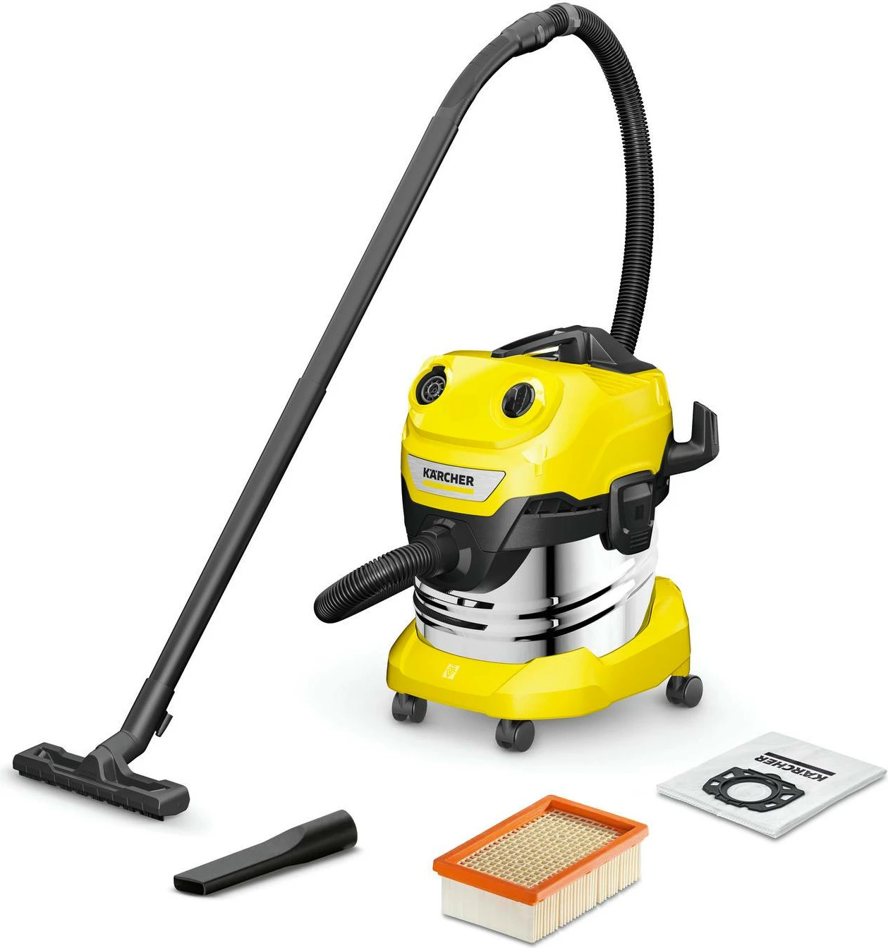Fshesë me ujë dhe pluhur, Karcher WD 4 S V-20/5/22, 1000 W, depozitë 20 L inox, zorrë 2.2 m, kabllo 5 m, e verdhë/çelik