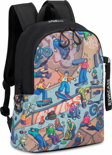 çantë shpine RIVACASE Skaters 5420, 12L, për laptop, material repelent uji, e zezë me print shumëngjyrësh
