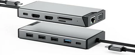 Mini dock 12-në-1 ALOGIC DV3, USB-C, 2x HDMI, VGA, LAN, SD/MicroSD, USB PD 100W, argjendtë