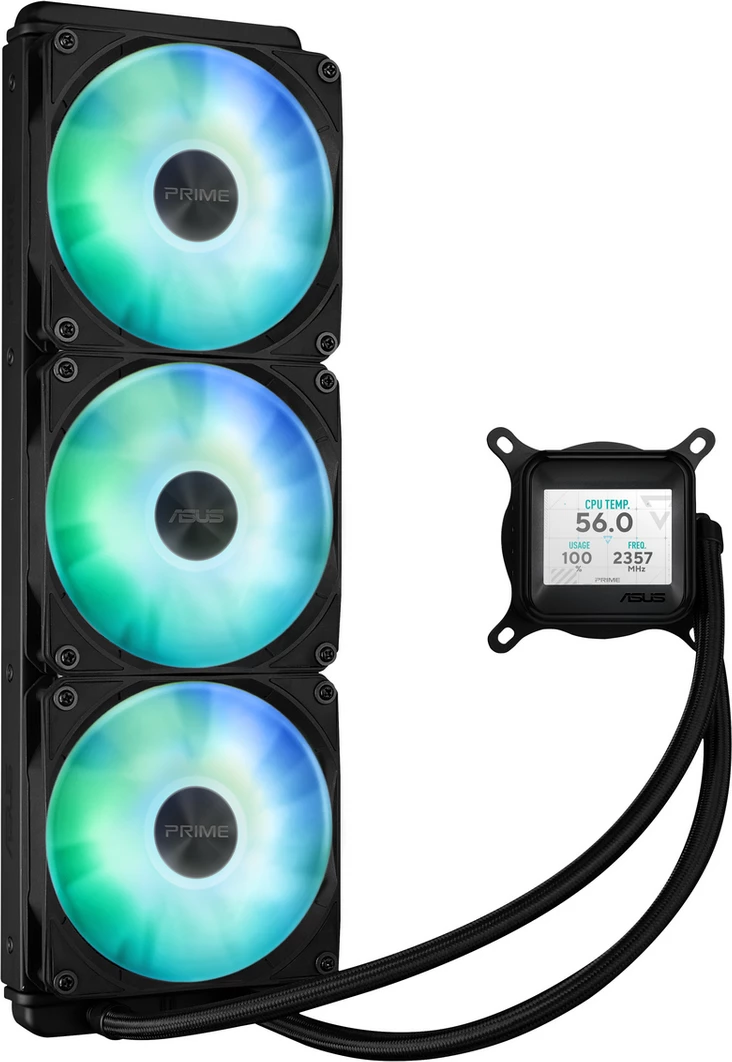Ftohës uji AIO, Asus, Prime LC 360 ARGB LCD 90RC00Z1-B0EAY0, 360mm, 3x120mm ARGB, ekran LCD, përmasa XL, i zi