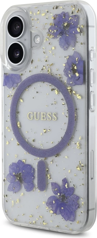 Mbështjellës Guess Resin Flowers Glitter MagSafe për iPhone 16, Vjollcë