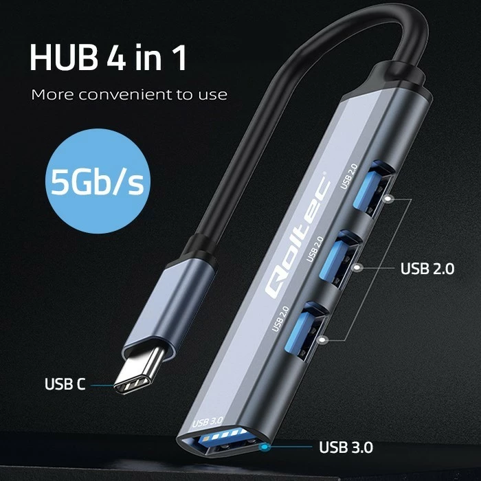 HUB USB-C Qoltec 53792, 4 porte (1x USB 3.0, 3x USB 2.0), grafit