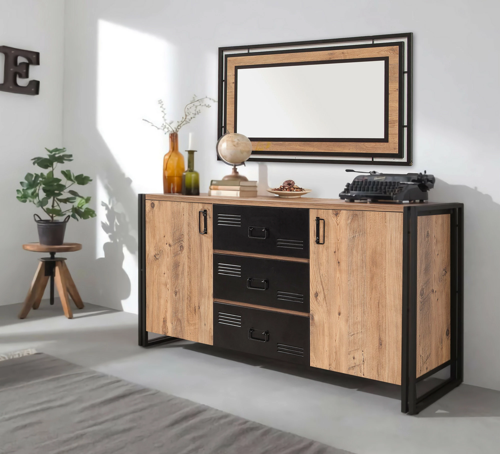 Konsol industrial Skye Decor, ngjyrë Atlantic Pine dhe e zezë, Cosmo Rio