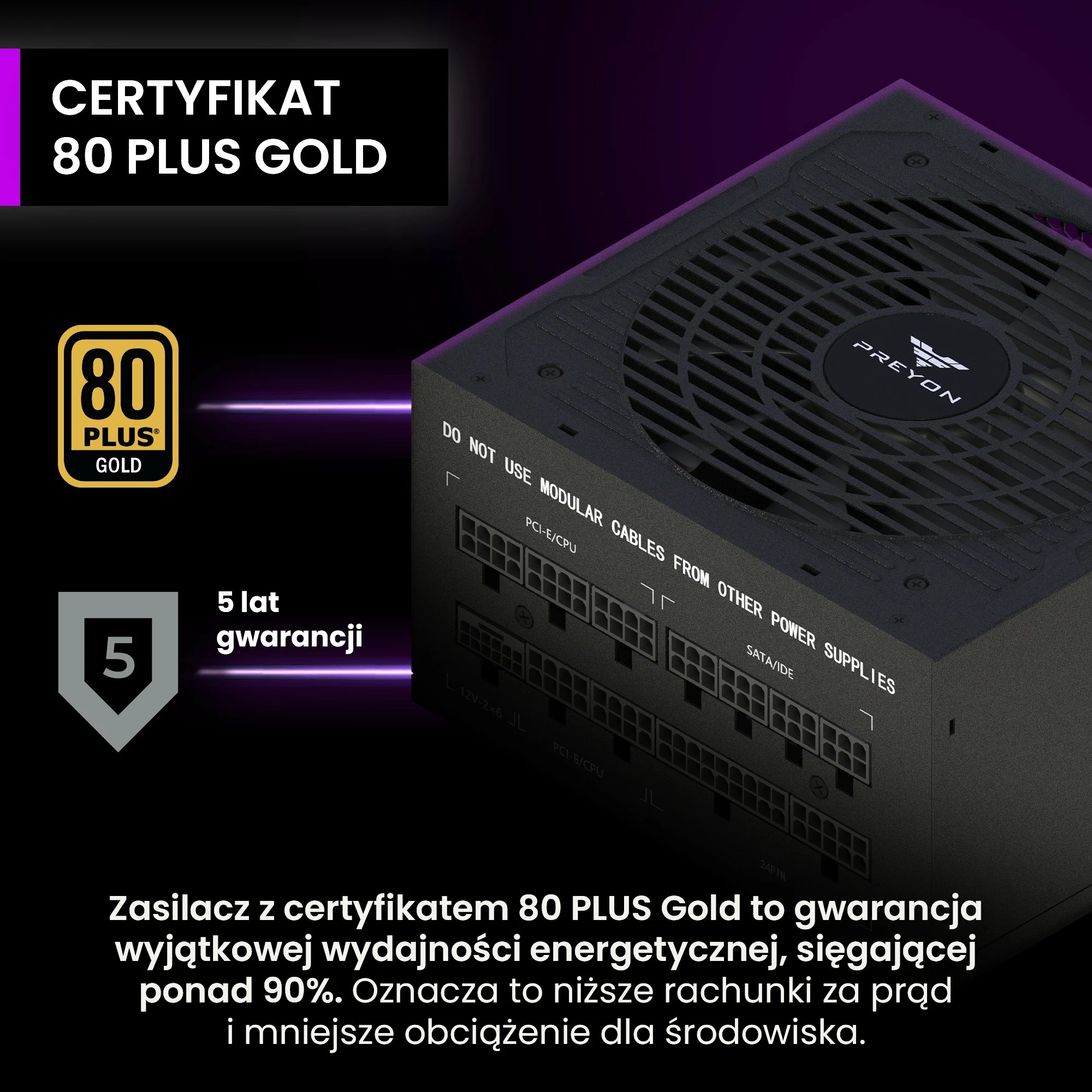 Furnizues rryme (PSU) PREYON Eagle Power GOLD PEPG750W 750W, 80 Plus Gold, full modular, ATX 3.1, PCIe 5.1 16-pin, i zi