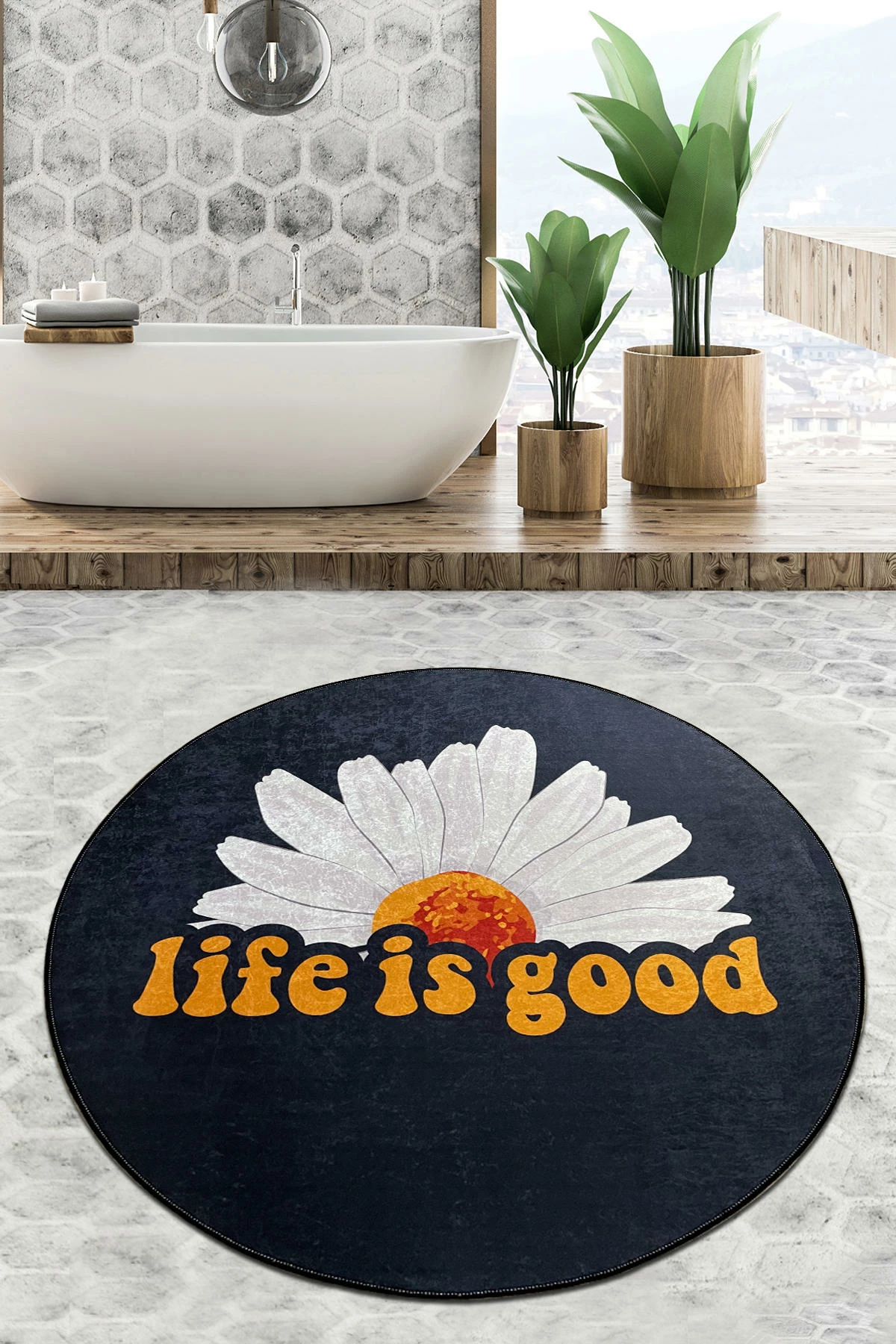 Tapet banje i rrumbullakët, 'life is good', shumëngjyrësh, 140cm
