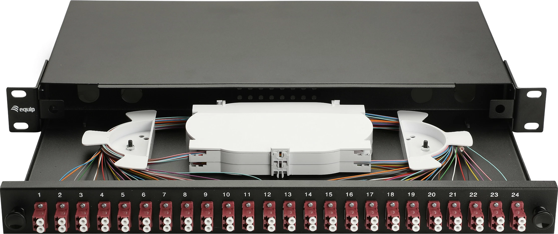 Panel splice fibër optike EQUIP 337214, 24 porta LC Duplex, OM4 MMF, 1U rack, i zi