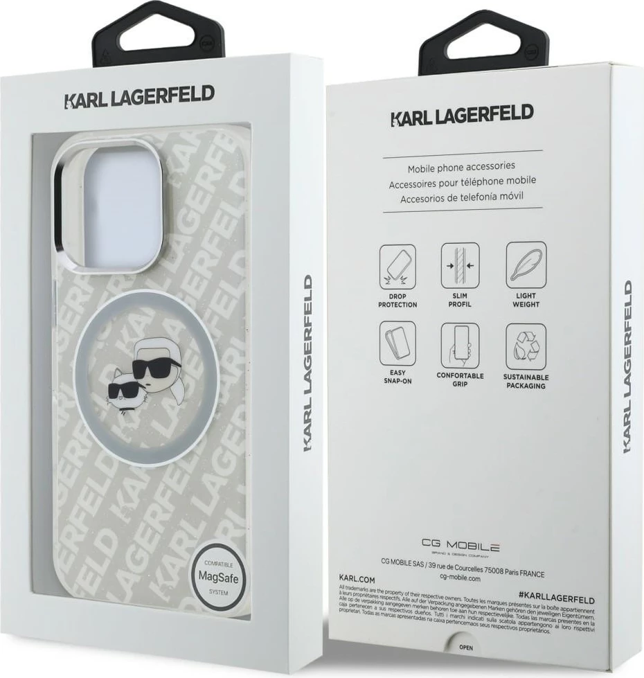 Mbështjellës Karl Lagerfeld IML Glitter Karl & Choupette Heads Logo MagSafe për iPhone 16 Pro, gri, me kuti