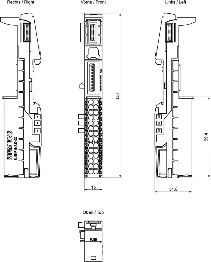 Njësi bazë Siemens SIMATIC ET 200SP 6ES71936BP200DA0 BU15-P16+A10+2D, 10A, shumëngjyrëshe