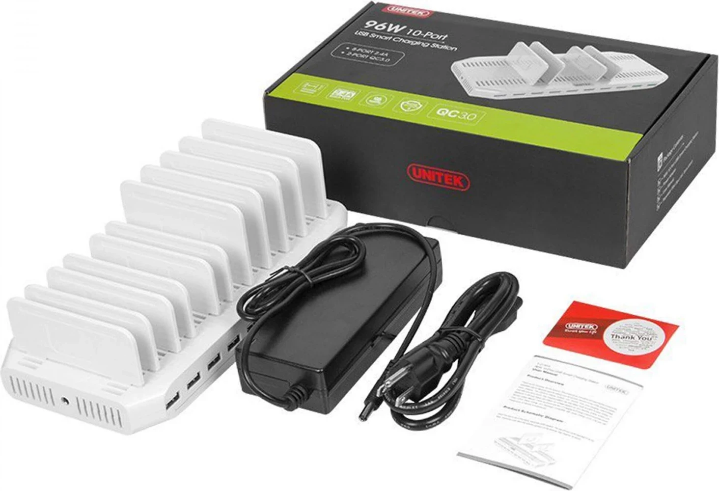 Stacioni i Ngarkimit Unitek, me 10 porta USB, i bardhë