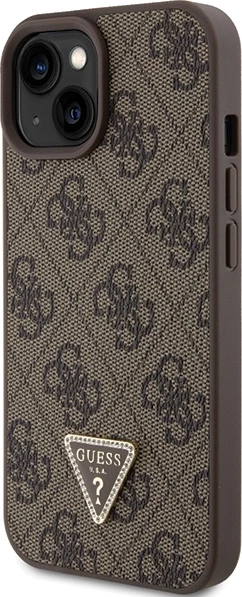 Mbështjellës Guess Leather 4G Triangle Strass për iPhone 15, Kafe