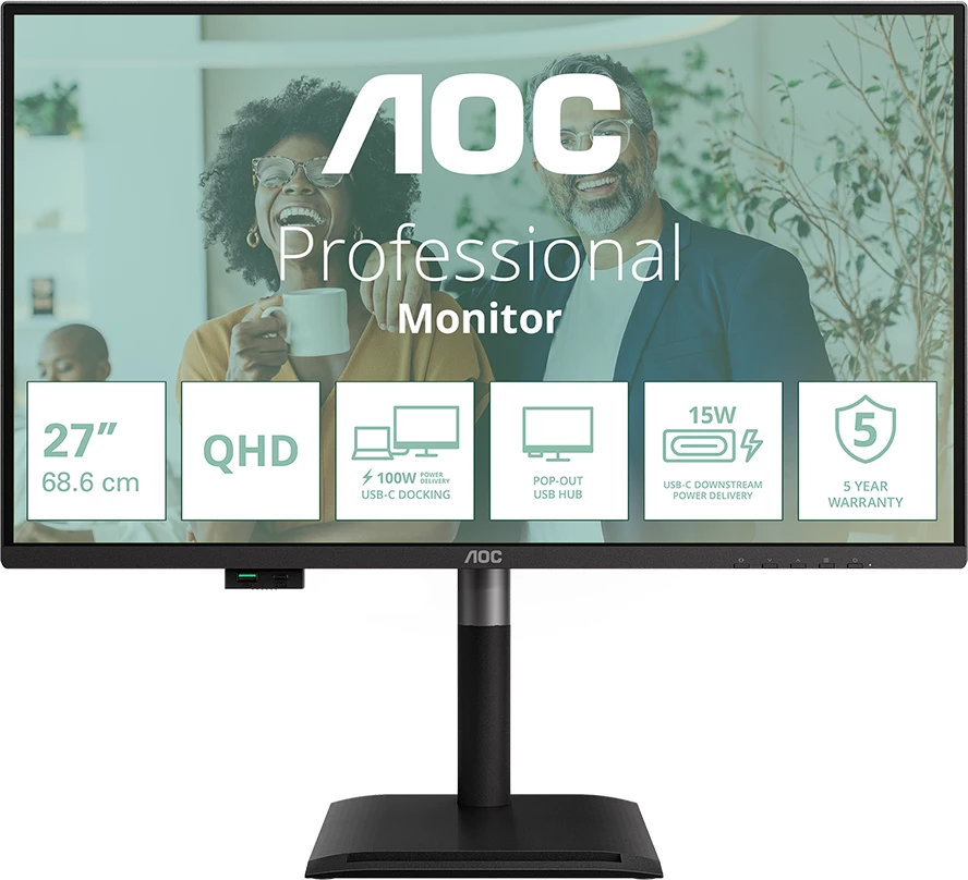 Monitor AOC Q27P4CV 27\", QHD IPS 120Hz, USB-C PD 90W, KVM, RJ45 2.5G, altoparlantë, i zi
