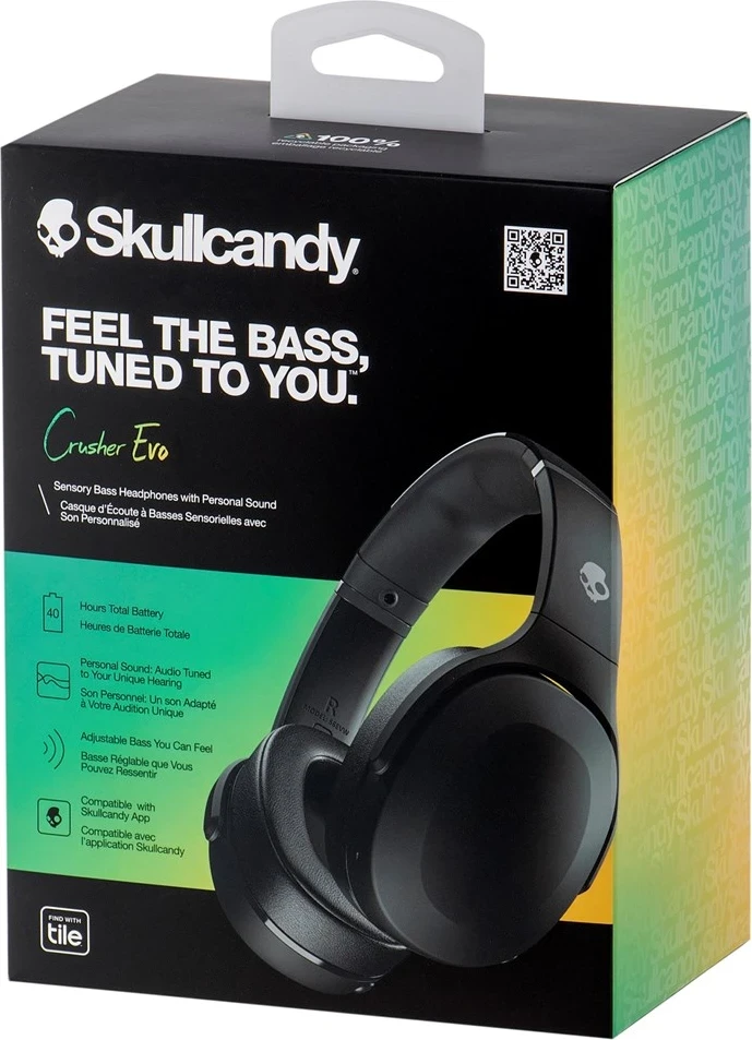 Kufje Skullcandy Crusher Evo, me dhe pa tela, për biseda/muzikë, USB Type-C, Bluetooth, ngjyrë e zezë