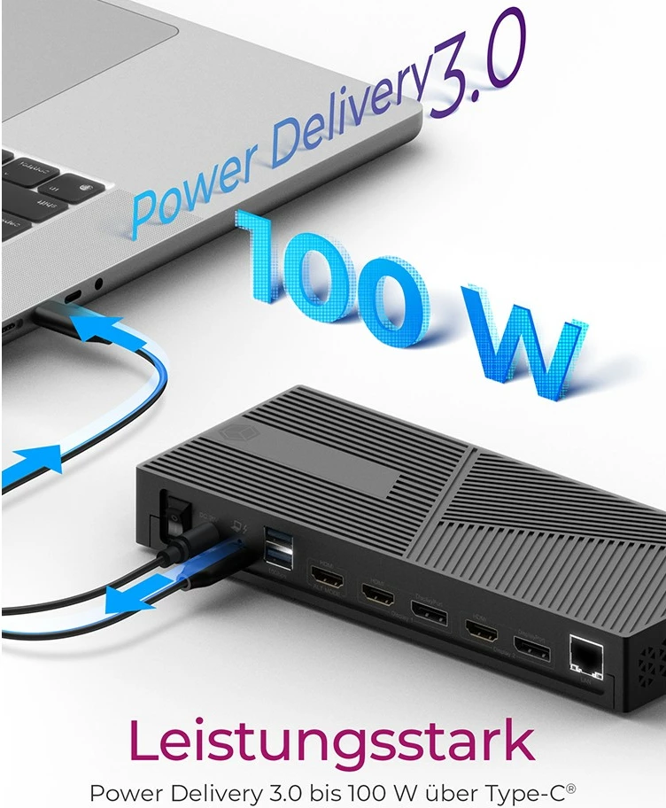 DockingStation ICY BOX 11-in-1, USB 3.2, 3x HDMI, 2x DisplayPort, 100W, e zezë