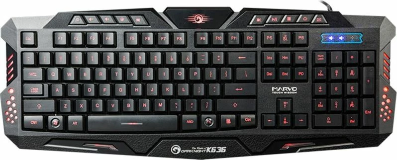 Tastierë gaming Marvo K636, USB me kabllo 1.5 m, layout US, membrane, anti-ghosting 19 tasta, ndriçim LED një-ngjyrësh, me mbështetëse dore, e zezë