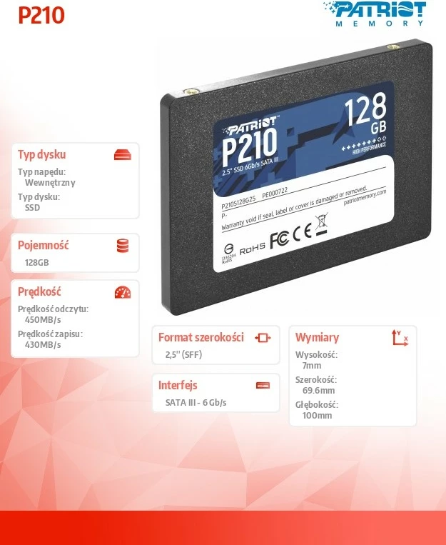 SSD Patriot P210, 128 GB, 2.5", SATA III, i zi