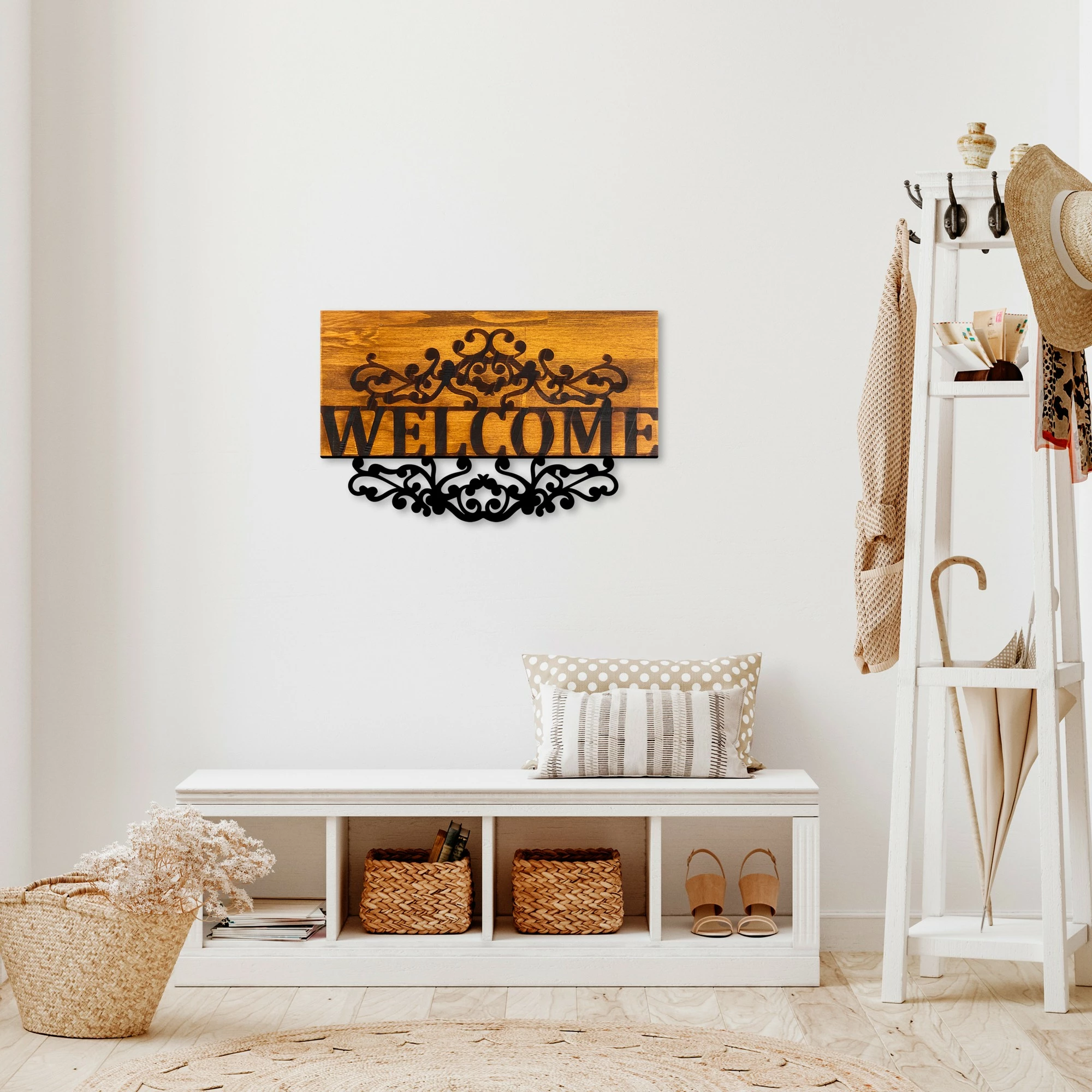 Aksesor dekorativ muri prej druri, Wallity, ngjyrë arre dhe e zezë, Welcome