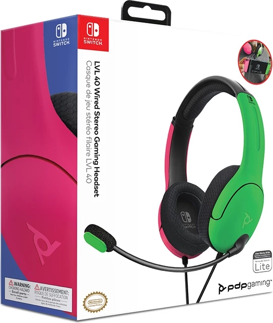Kufje gaming PDP LVL40 stereo me mikrofon, të lidhura me kabllo, rozë/jeshile