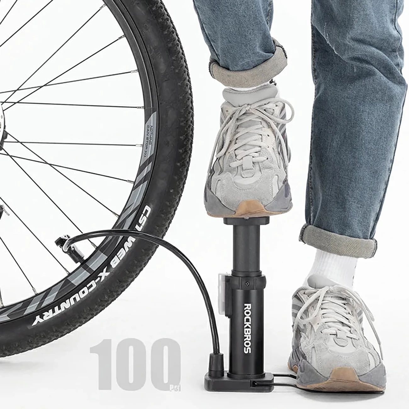 Pompë këmbë për biçikletë Rockbros 4522L, ultralehtë 100 PSI, AV/FV, me 3 adaptera, e zezë