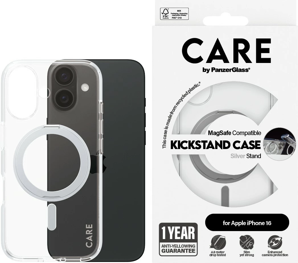 Mbështjellës PanzerGlass CARE Case, MagSAFE, kickstand argjendtë, për iPhone 16, transparent
