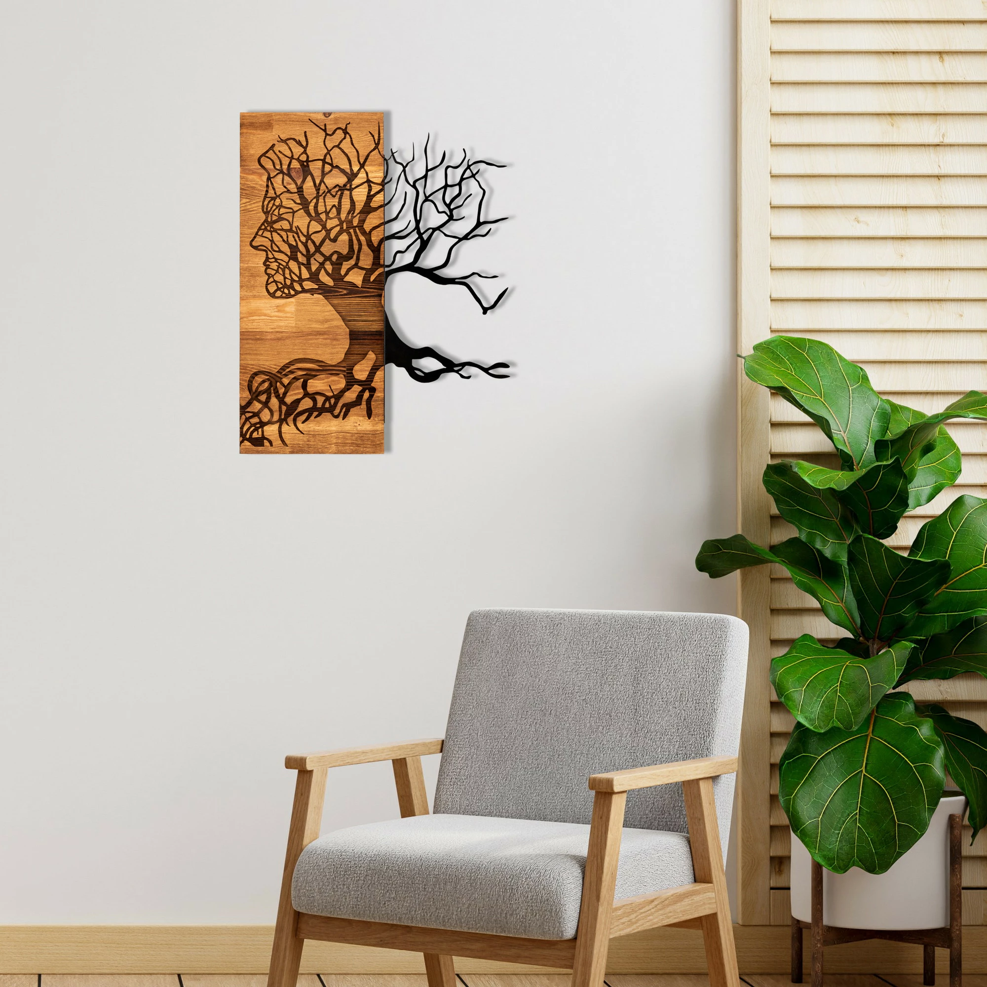 Aksesor dekorativ për mur, dru dhe metal, Wallity Muaz, ngjyrë e zezë dhe arre, 45x58cm