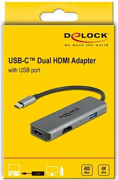 Adapter USB-C DeLOCK Dual HDMI 4K 60Hz me USB-A, USB 3.2 Gen1, gri