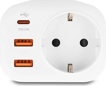 Adaptues prizë DeLOCK 11498, Type E/F në Type F, 1 prizë + 3 USB (USB-C PD 20W), i bardhë
