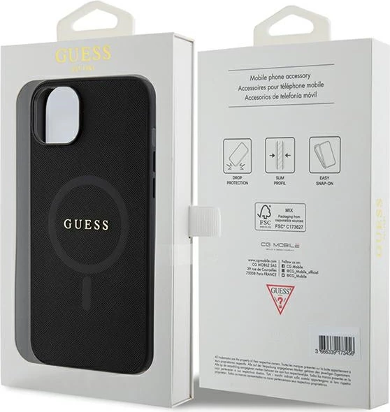 Mbështjellës Guess GUHMP15MPSAHMCK për iPhone 15 Plus 6.7", Saffiano MagSafe, zi