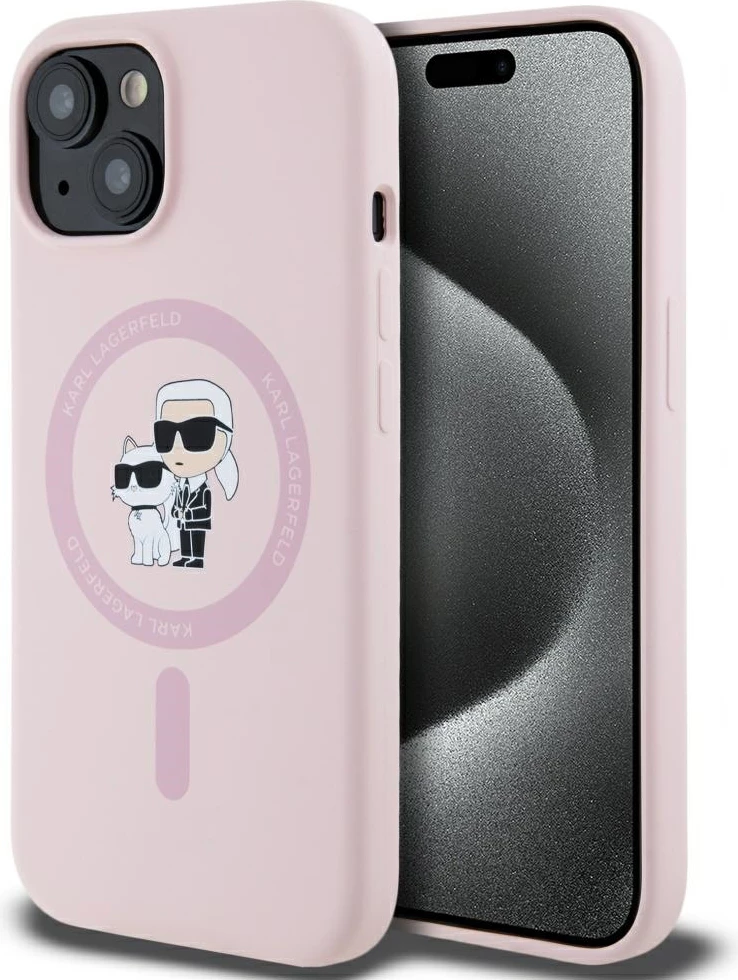 Mbështjellës Karl Lagerfeld Silicone Karl&Choupette MagSafe për iPhone 15, Rozë