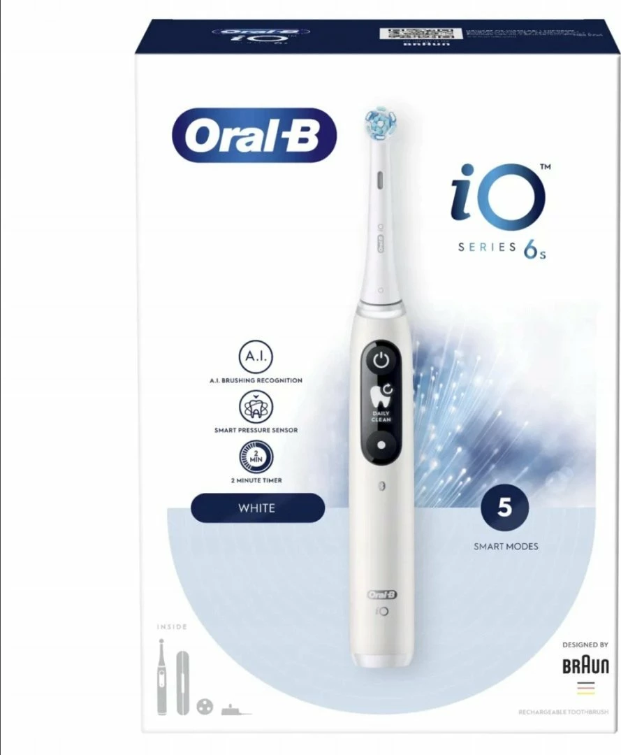 Furçë dhëmbësh elektrike Oral-B iO Series 6, 5 mënyra, OLED, me sensor presioni, me aplikacion, set 1 kokë + stacion karikimi + kuti udhëtimi, e bardhë