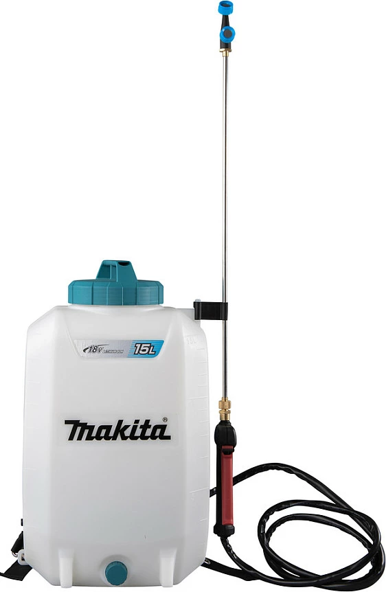 Spërkatës kopshti me bateri Makita DUS158Z, 18V, rezervuar 15L, spërkatës shpine, blu/bardhë
