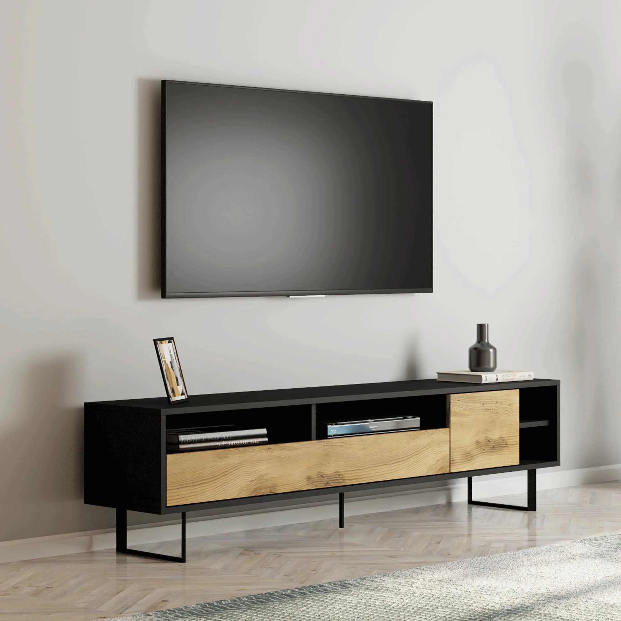 Komodinë TV Skye Decor, ngjyrë e zezë dhe lis, Luga