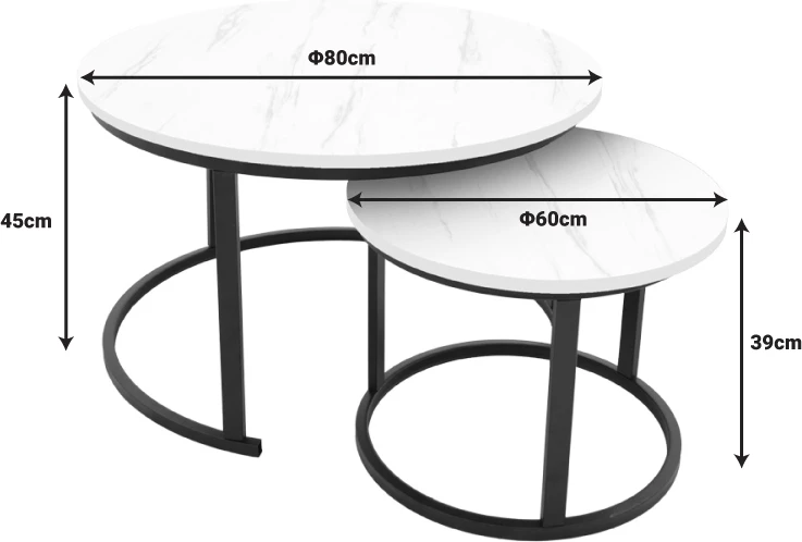 Set tavolinash kafeje Revelon, pamje mermeri të bardhë, këmbë të zeza, 80x80x45cm