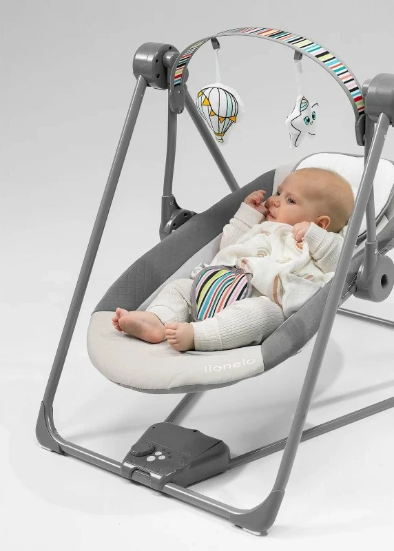 Lëkundëse elektrike për bebe Lionelo Otto Cozy 5 shpejtësi, tinguj natyre, timer, rrip 5-pikësh, 67 x 55 x 76 cm, gri