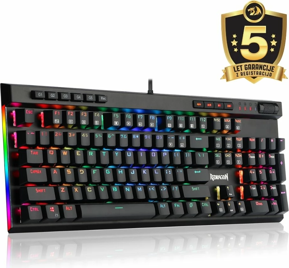 Tastierë mekanike gaming Redragon VATA K580, full size, RGB, me kabllo USB, blue switch, 5 tasta makro, e zezë