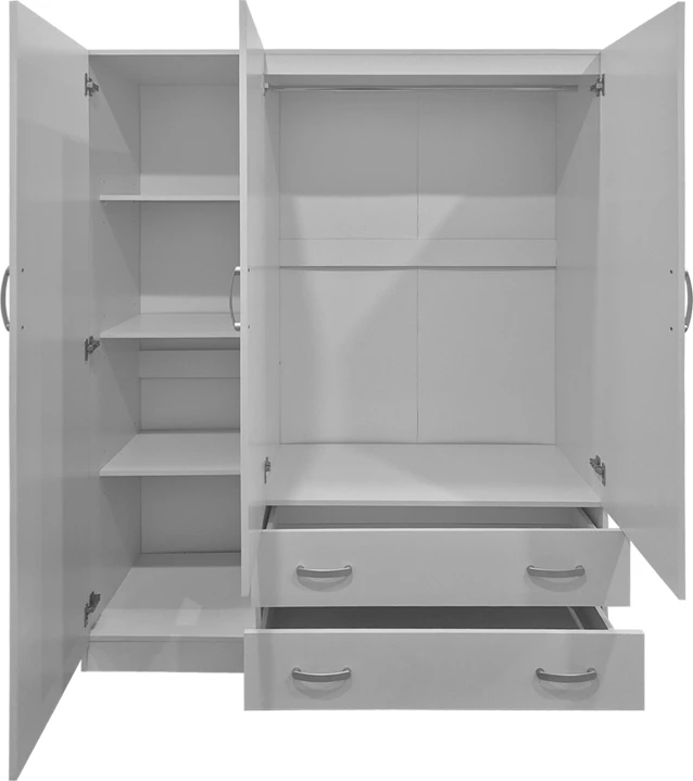 Dollap me tri dyer e dy sirtarë, Alvia, ngjyrë e bardhë, 150x51x180cm