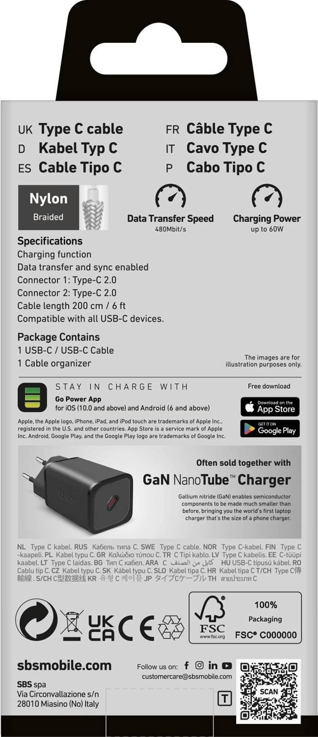 Kabllo USB-C në USB-C SBS TECABLETISSUETCC2G, 2m, 60W, Gri